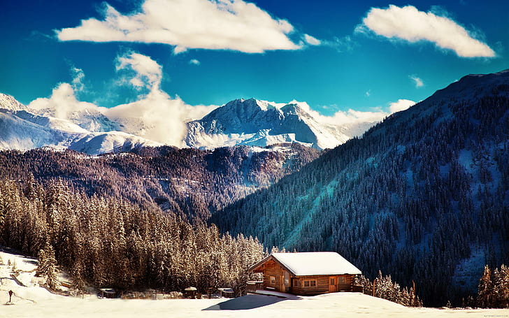 Snowy mountain chalet, brown wooden house near glacier mountain range, snow, moutain, winter, landscape, chalet, nature, HD wallpaper