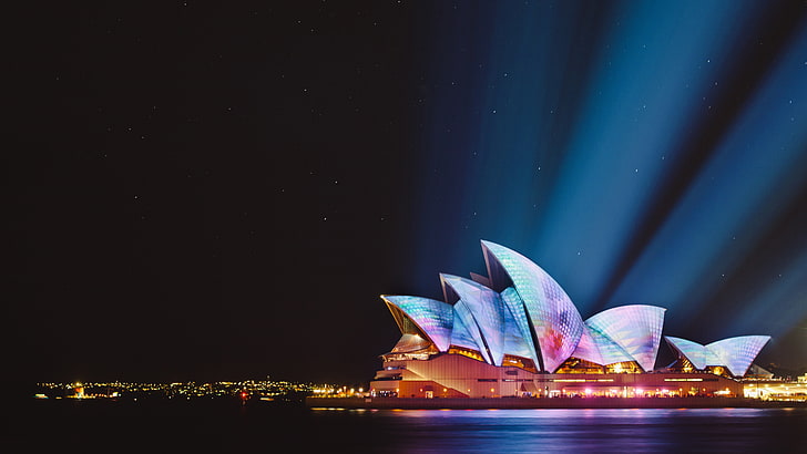Сиднейский оперный театр, 5K, Городской пейзаж, Ночь, HD обои