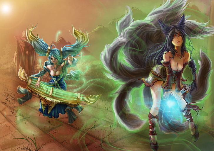 zwei weibliche Anime Charakter Wallpaper, Mädchen, Magie, Kunst, lol, League of Legends, SONA, AHRI, HD-Hintergrundbild