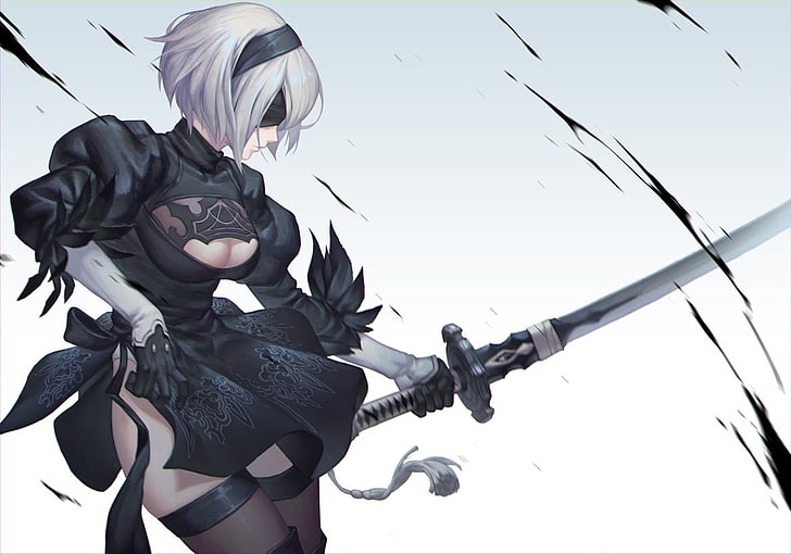 剣のデジタル壁紙を保持している女性アニメキャラクター、ニーア：オートマタ、2B（ニーア：オートマタ）、頭飾り、肘手袋、太もも、武器、刀、胸の谷間、NieR、 HDデスクトップの壁紙
