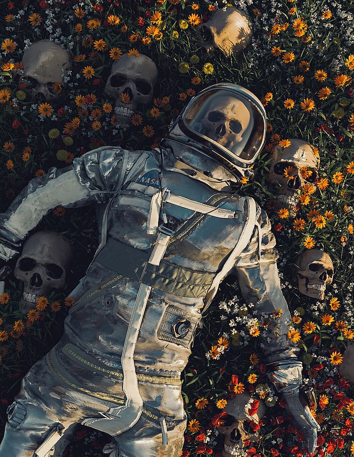 digital art, artwork, illustration, astronaut, skull, vertical, flowers, lying down, death, NASA, spacesuit, HD wallpaper