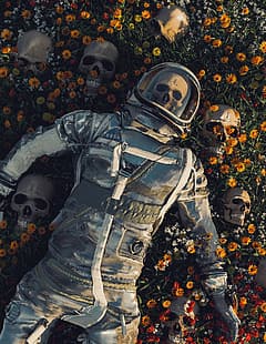  digital art, artwork, illustration, astronaut, skull, vertical, flowers, lying down, death, NASA, spacesuit, HD wallpaper HD wallpaper
