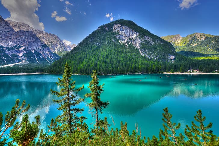 trees, mountains, lake, Italy, The Dolomites, Dolomites, Trentino, HD wallpaper