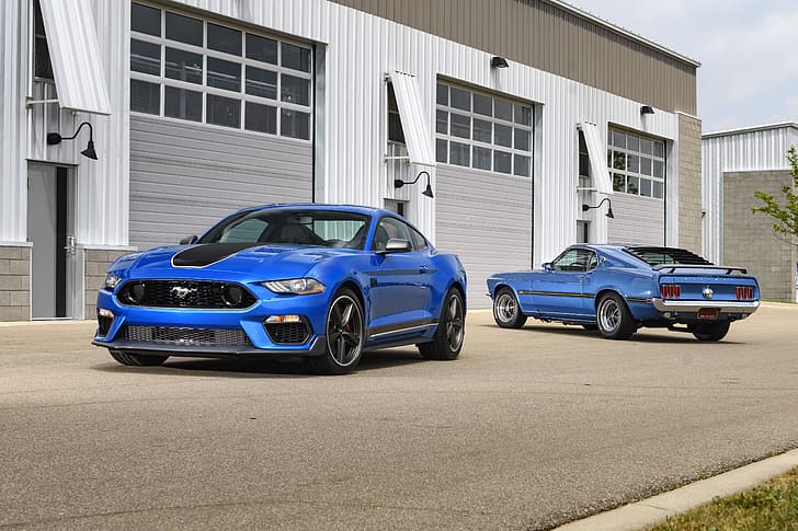 Bleu, Mustang Mach 1, Deux voitures, Fond d'écran HD