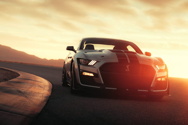 road, machine, asphalt, the sun, light, strips, style, lights, Ford, turn, sports, sports car, Ford Mustang Shelby GT500, 2020, HD wallpaper
