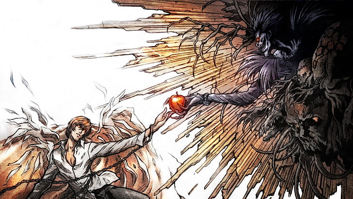 Mann erhält Apfel von Dämon Tapete, Death Note, Yagami Light, Ryuk, Anime, HD-Hintergrundbild