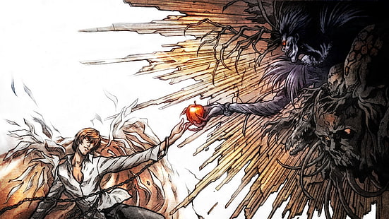 uomo che riceve mela dallo sfondo del demone, Death Note, Yagami Light, Ryuk, anime, Sfondo HD HD wallpaper