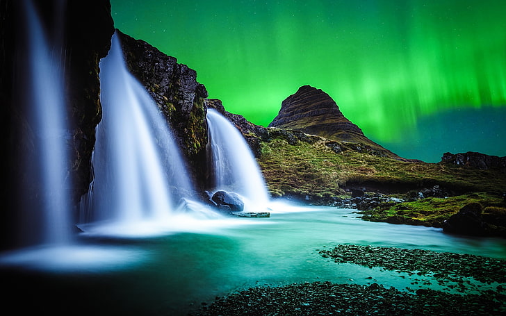 Waterfall kirkjufell northern lights-Scenery Photo.., HD wallpaper