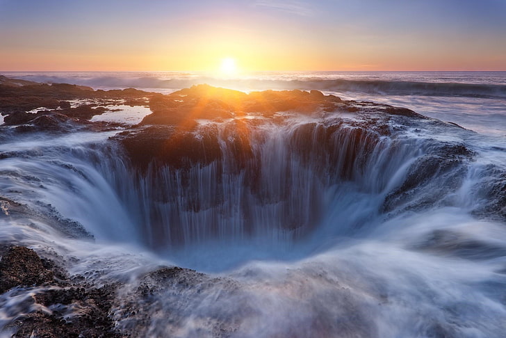 Thor's Well, Oregon, puesta de sol, mar, olas, cascada, horizonte, naturaleza, paisaje, Fondo de pantalla HD