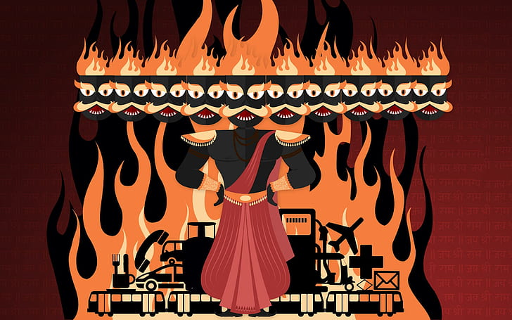 Happy Dussehra 2014, ilustraciones de personajes de dibujos animados de llamas blancas y negras naranjas, festivales / fiestas, dussehra, festivales, vacaciones, 2014, Fondo de pantalla HD