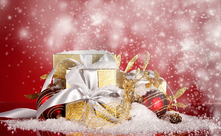 cadeaux, décorations de noël, neige, nouvel an, vacances, bosse, papier peint chrismtas, cadeaux, décorations de noël, neige, nouvel an, vacances, bosse, Fond d'écran HD