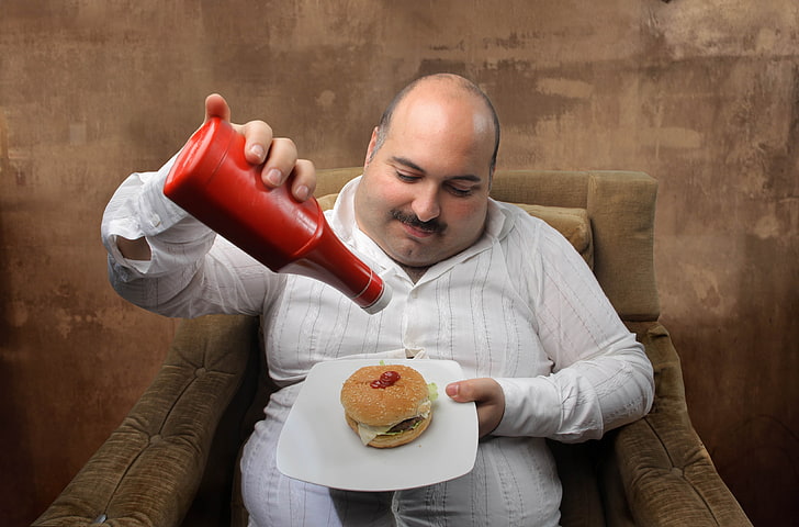 ketchup bottle, man, overeating, ketchup, fast food, stomach, arm chair, HD wallpaper