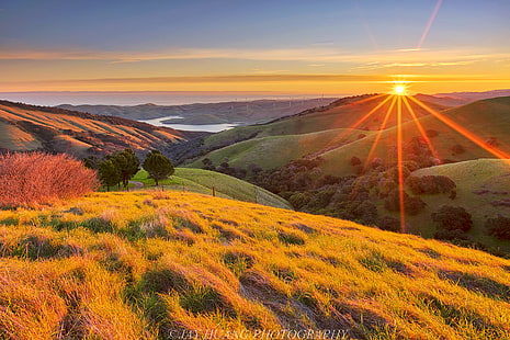landscape photography of mountain during daylight, Spring, Sunrise, landscape photography, mountain, daylight, Rolling Hills, Reservoir, WATER, Low, Fog, Livermore, East Bay, Bay  Bay, Bay Area  California, Sun, Burst, Morgan Territory, WOW, nature, sunset, landscape, autumn, outdoors, hill, rural Scene, sunrise - Dawn, tree, forest, scenics, sunlight, sky, morning, meadow, summer, HD wallpaper HD wallpaper