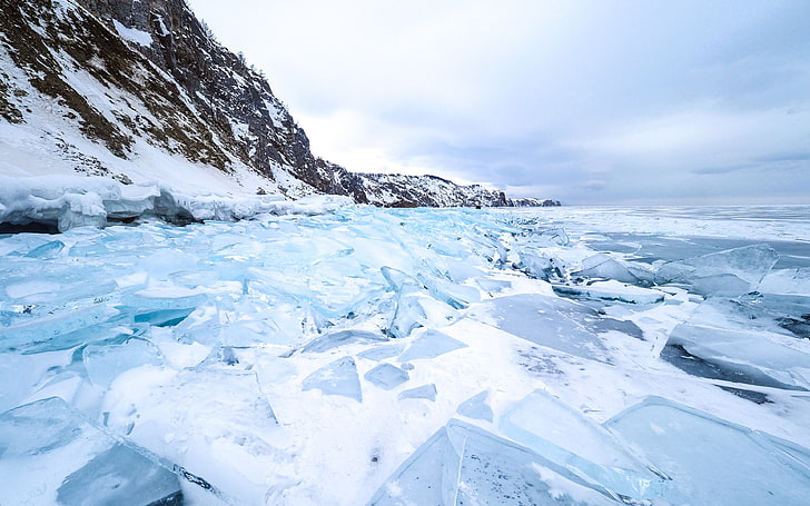 Голубой лед снег на озере Байкал Сибирь, HD обои