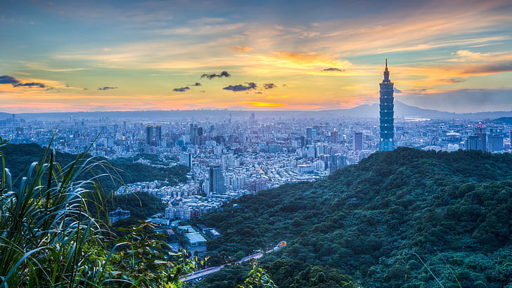 forest, the sky, grass, clouds, mountains, the city, fog, dawn, blue, hills, vegetation, view, building, tower, height, skyscrapers, morning, yellow, slope, horizon, hill, panorama, Taiwan, haze, megapolis, Taipei, blue tones, HD wallpaper