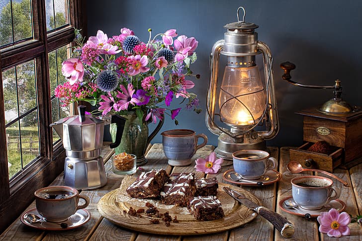 Blumen, Stil, Lampe, Blumenstrauß, Tasse, Kuchen, Tassen, Stillleben, Anemonen, Kaffeemühle, Kaffeekanne, HD-Hintergrundbild