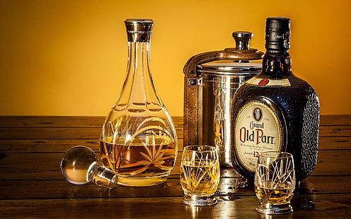 Old Parr whisky bottle and glasses, Food, Whisky, HD wallpaper HD wallpaper