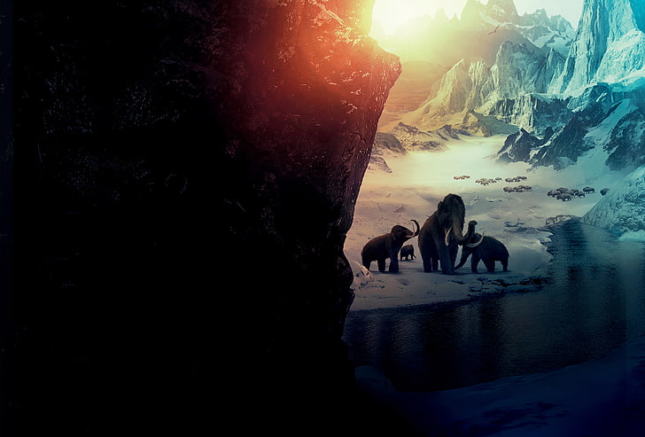8K, Mammoths, 4K, Ice Age, Snow mountains, HD wallpaper
