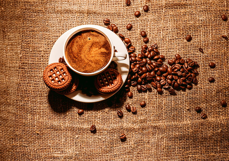 커피, 쿠키, 컵, 화이트, 음료, 올이 굵은 삼베, 정상에서 본, 접시, 곡물, HD 배경 화면