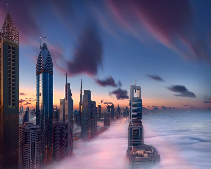 staden, dimma, morgon, Dubai, UAE, HD tapet