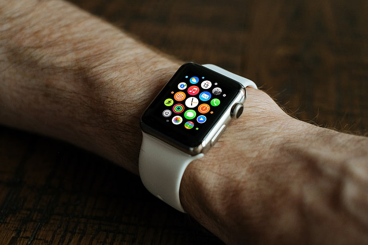 Apple Watch prateado com pulseira esportiva, smartwatch, maçã, relógio de pulso, HD papel de parede