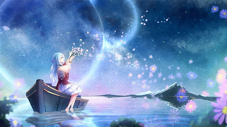 anime girls, planet, water, flowers, original characters, HD wallpaper