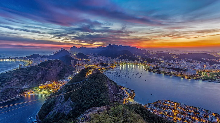 гора и озеро, Рио-де-Жанейро, городской пейзаж, холмы, длительная выдержка, провода, лодка, море, Бразилия, HD обои