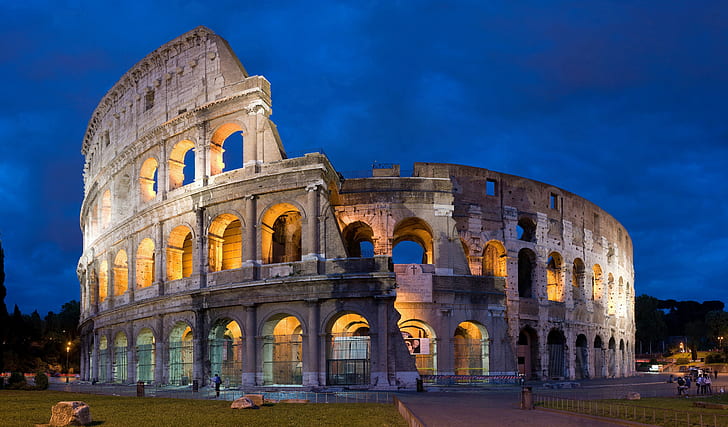 コロッセオ、ローマ、古い建物、建物、イタリア、夜、建築、古代、 HDデスクトップの壁紙