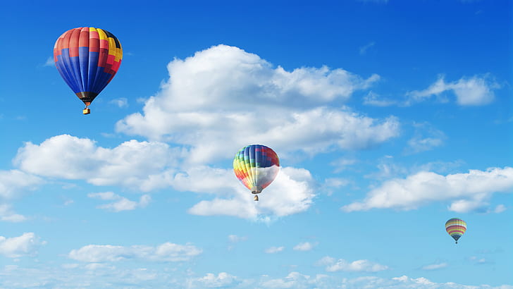 blue, sky, clouds, hot air balloons, HD wallpaper