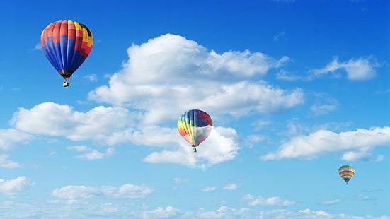 синьо, небе, облаци, балони с горещ въздух, HD тапет HD wallpaper