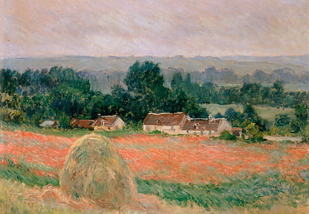 pole, krajobraz, dom, obraz, Claude Monet, Oscar-Claude Monet, Haystack at Giverny, Tapety HD HD wallpaper