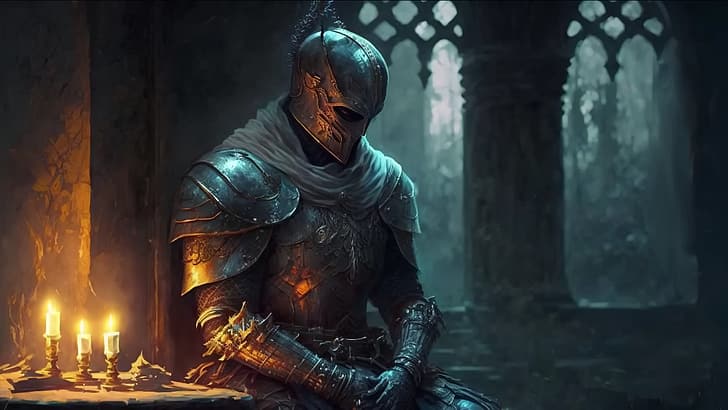 knight, meditation, middle ages, candles, HD wallpaper