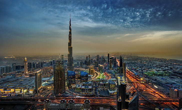 Birch Khalifa, Dubai, ZEA, Dubaj, ZEA, Dubaj, ZEA, brzoza, Khalifa, com, wieża, noc, azja, architektura, zmierzch, pejzaż miejski, scena miejska, panoramę miasta, niebo, Tapety HD