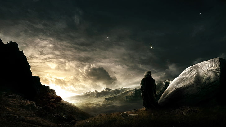 montaña negra, arte de fantasía, cazador, paisaje, obra de arte, Dark Souls, Fondo de pantalla HD