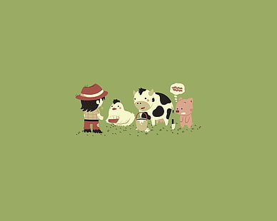 person feeding cow, pig, and chicken illustration, Humor, Funny, HD wallpaper HD wallpaper