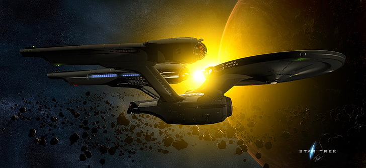Илюстрация на Star Trek Enterprise, Star Trek, космически кораб, астероид, Слънце, планета, USS Enterprise (космически кораб), HD тапет