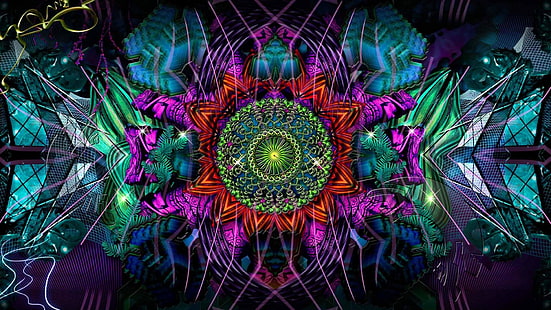 psychedelic art, fractal art, digital art, kaleidoscope, design, symmetry, art, special effects, pattern, artwork, graphics, space, festival, HD wallpaper HD wallpaper