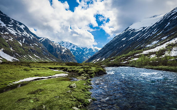 пейзаж, река, горы, Норвегия, природа, HD обои