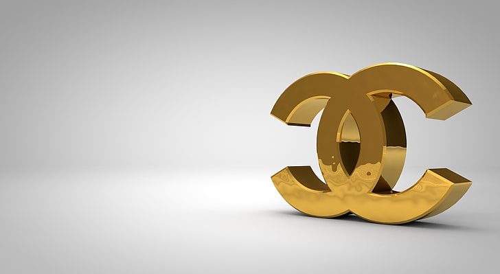 Logo Chanel Złote, brązowe logo Chanel 3D, artystyczne, 3D, białe, studio, błyszczące czerwone kulki, odblaskowe, logo, marka, luksusowe, złote, chanel, infinte, Tapety HD