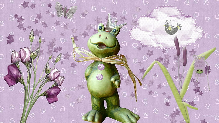 I Love My Frog, firefox persona, stars, frog, lavender, butterfly, bird, flowers, lilac, cat tails, cloud, purp, HD wallpaper