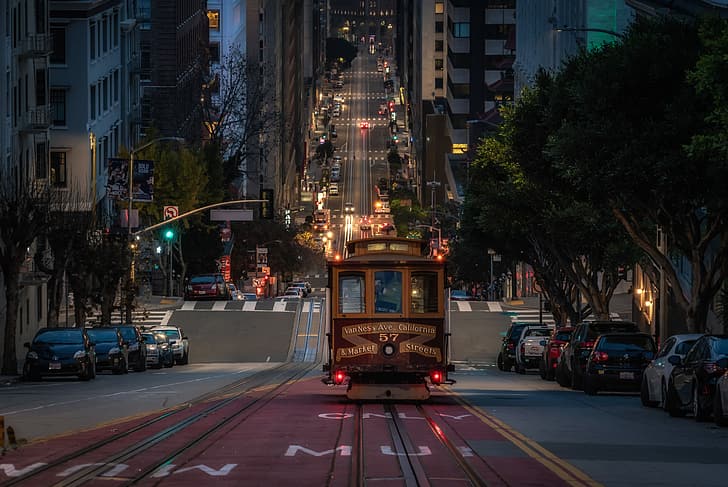 road, auto, machine, street, building, CA, San Francisco, tram, California, HD wallpaper