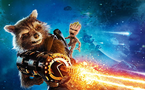 pistola, Baby Groot, mejores películas, Rocket, Guardians of the Galaxy Vol.2, Fondo de pantalla HD HD wallpaper