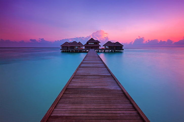 brown dock, matahari terbenam, lautan, menembus, resor, Bungalow, Maladewa, Per Aquum, Fushi, Huvafen, Wallpaper HD