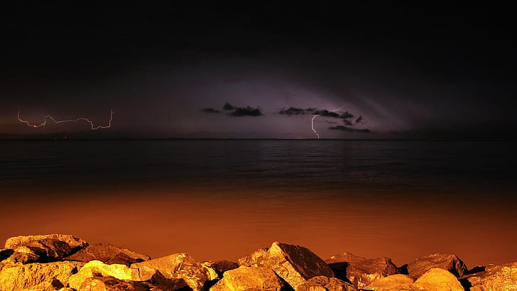 Ocean Lightning Storm Rock Stones HD, brown rocks, nature, ocean, stones, rock, lightning, storm, HD wallpaper