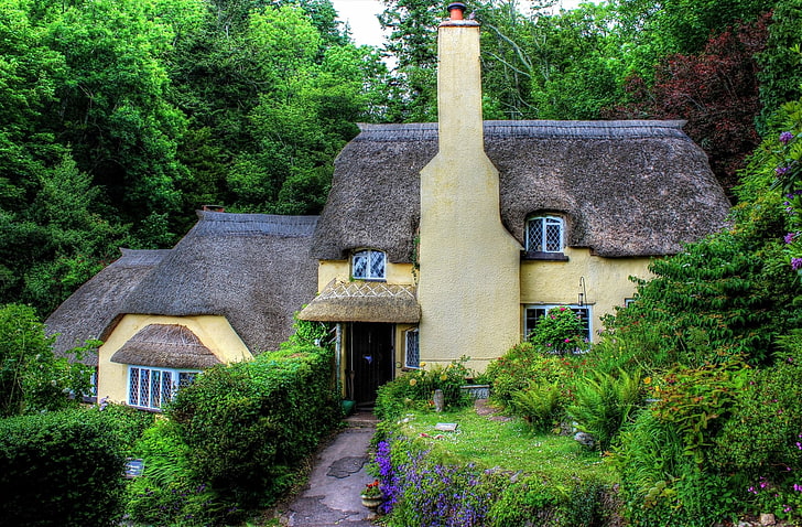 Man Made, Cottage, Angleterre, Printemps, toit de chaume, Fond d'écran HD