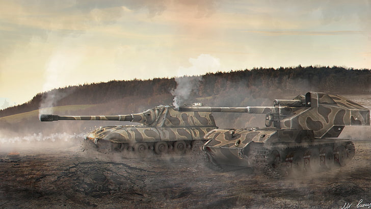 two brown battle tanks, Germany, tank, tanks, WoT, World of Tanks, Wargaming.Net, BigWorld, Jagdpanzer E 100, Waffenträger auf E 100, HD wallpaper