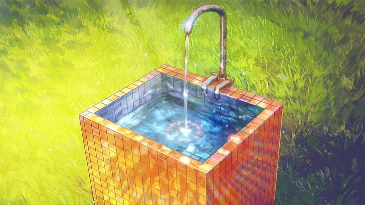 илюстрация на кафява мивка и сив кран, Вечно лято, фонтани за пиене, дъги, зелено, плочки, вода, ArseniXC, HD тапет