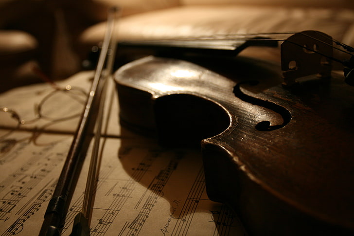 brown violin and bow, notes, music, violin, HD wallpaper