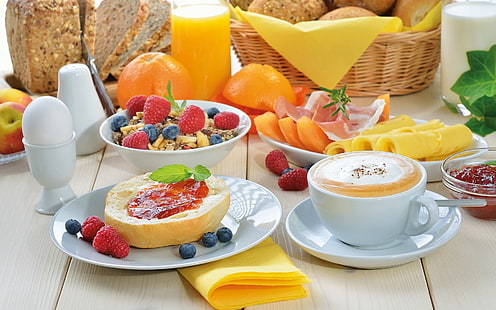 Saudável, comida, frutas, morangos, mirtilos, torta, pão, café, saudável, comida, frutas, morangos, mirtilos, torta, pão, café, HD papel de parede HD wallpaper
