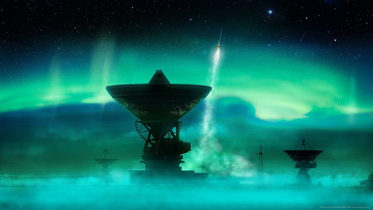 science fiction, gwiazdy, antena satelitarna, cyjan, rakieta, Tapety HD